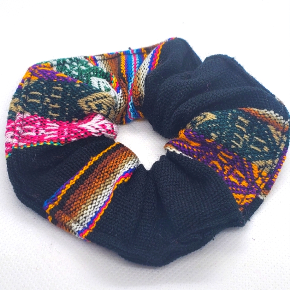 Peruvian Black and Pink Hair Scrunchie-handmade Manta with Intricate Patterns